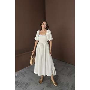 เดรสผ้าลินินสีเบจผูกหลัง ทรงหลวม เอวธรรมชาติ คอไขว้ ระบายอากาศได้ดี สวมใส่สบายๆ - Product Image 6