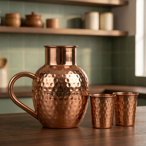Hammered <b>Copper</b> Water jug With <b>Handle</b> And Two Matching Cups Vintage Style Metal Drinkware Set - Product Image 4