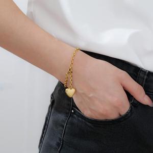 Heart Charm <b>Bracelet</b> 14mm Steel Gold Chain Unisex Everyday Wear Jewelry - Product Image 4