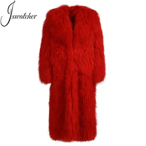 Inverno donna morbida pecora Shearling giacca soprabito Fashion Design tasca lungo mongolo agnello Shearling Coat