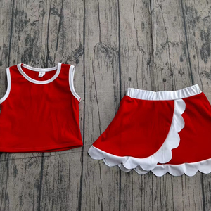 GSD4027 CUSTOM Ensemble sans manches pour petite fille active, rouge foncé uni à carreaux blancs festonnés, Vente en gros pour enfants, Ensemble jupe et haut de yoga pour fille - Product Image 1