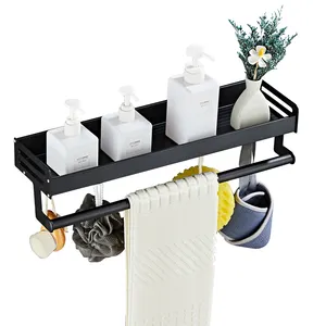 Black Color Shower Shelf with Towel Bar Single Bathroom Shelf Wall Mount Aluminum Corner shelf