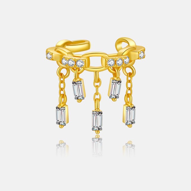 FUAMAY Handmade Cuban Link Chain 925 Silver Ear Cuff with Tassel Drop Features Zircon Stone White Gold Pvd Ear Cuffs