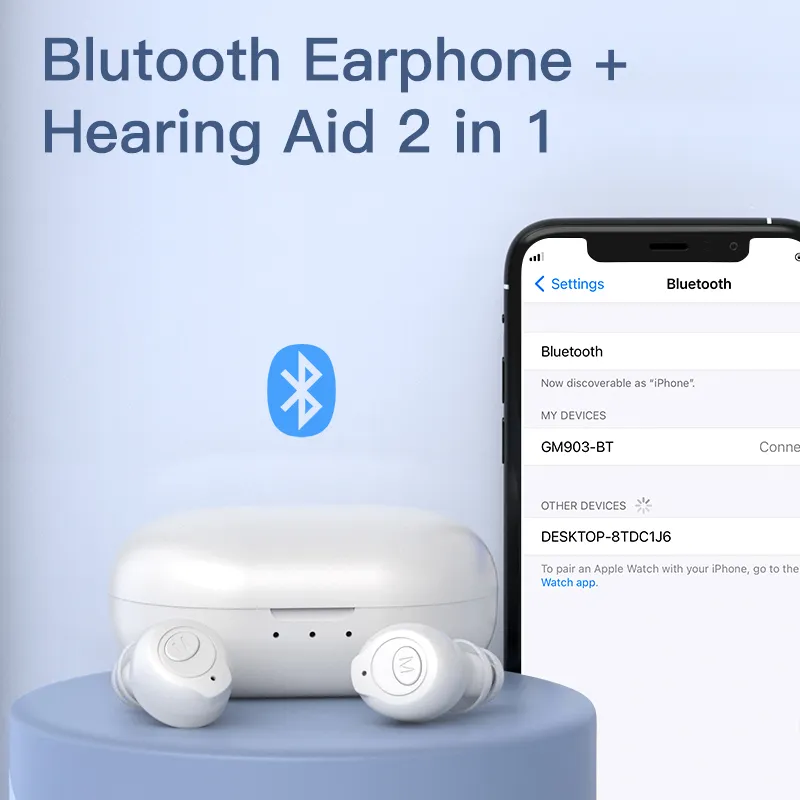 Shenzhen mavi diş şarj edilebilir işitme cihazı mikrofon ile gerçek tws bluetooth işitme cihazları