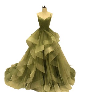 Green Sweetheart Neckline Chiffon Wedding Dress With Ruffles And Straps For Indoor Forest Theme Photoshoot Gown - Product Image 3