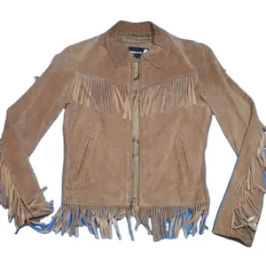 महिलाओं की फ्रिंज जिपर साबर चमड़े की जैकेट आकार एस से 2xl भूरा थोक मूल्य लंबी फ्रिंज सैटिंग लाइनिंग जैकेट