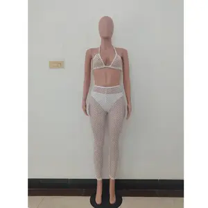 YP-Bikini con cuello Halter para mujer, traje de baño de 3 piezas ahuecado, con sujetador, pantalones largos, ropa de playa, 2022