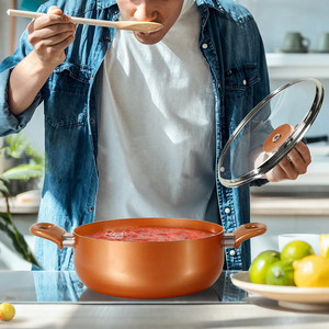 Batterie de cuisine antiadhésive en céramique et cuivre, 10 pièces, avec couvercles en verre et poignées en bakélite, compatible lave-vaisselle et four, pour cuisinières à gaz/à induction, design moderne - Product Image 4