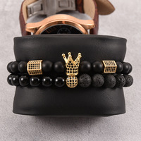 Ensemble de bijoux pour homme Hip Hop de luxe 2 pièces, bracelet en onyx noir mat et pierre de lave, bracelet avec pendentif roi en CZ noir glacé