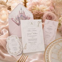 Suite d'invitations de mariage de luxe gaufrées avec doublure d'enveloppe en forme de château, design floral personnalisé, impression numérique, papier fantaisie