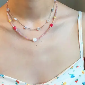 Set di gioielli con conchiglia di gioielli naturali con perline e cuore rosa naturale collana di zirconi Design ciondolo da donna senso catena per clavicola