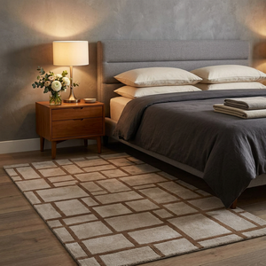 Tapis géométrique moderne rectangulaire beige et marron à motif quadrillé, à poils moyens, tufté, avec envers antidérapant en caoutchouc pour chambre à coucher et décoration intérieure - Product Image 4