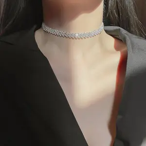 Sexy Women Elegant Silver Necklace Vintage Square Diamante Choker with Rhinestones