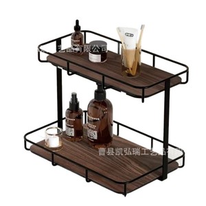 Retro-style double-layer iron and wood combination <b>desktop</b> storage rack for home use, suitable for bathroom vanities, - Product Image 1