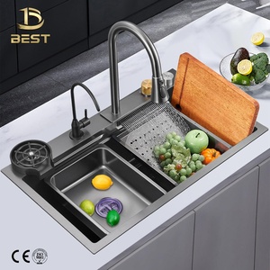 80*46 moderno grifo de fregadero de cocina de un solo tazón multifuncional Arena de semilla de mijo PVD diseño de cascada negro - Product Image 4