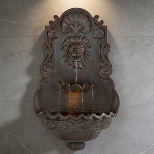 מזרקת קיר לגינה בסגנון ארט דקו מסורתית, בצורת ראש אריה, מוארת לד, מופעלת חשמלית, עשויה שרף פיברגלס, התקנה קלה. - Product Image 3