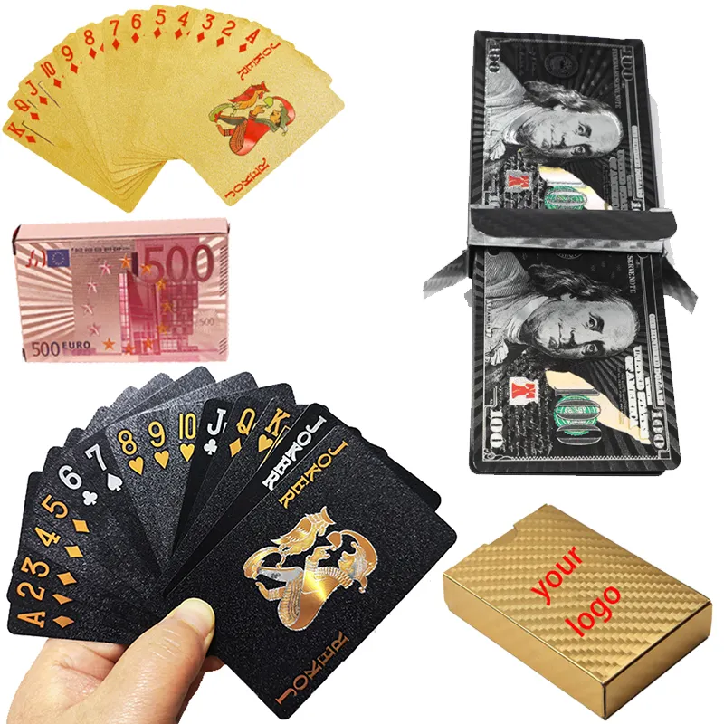 نوعية جيدة و رخيصة بوكر 500 اليورو الذهب احباط بطاقات اللعب 100 البلاستيك بطاقات اللعب الذهب الأسود الدولار بوكر بطاقة