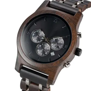 Горячая продажа быстрая доставка роскошные деревянные часы с нержавеющей сталью мужские черные деревянные часы в деревянной подарочной коробке