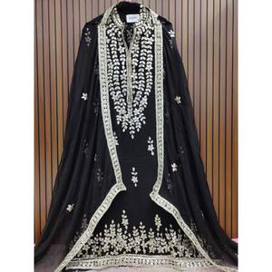 Traje Étnico de Mujer Estilo Indio Pakistaní, Salwar Kameez de Georgette con Bordado Intenso y Dupatta de Chifón Puro, para Bodas - Product Image 1