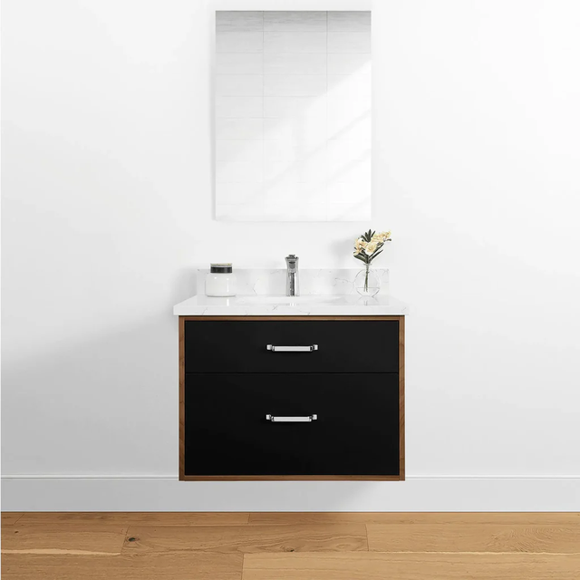 Transitional Floating Bathroom Vanity Cabinet 30 Inch Wall Mount Matte Black Bathroom Vanity with Quartz Countertops