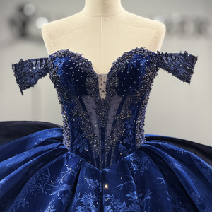 Robe de bal Quinceañera élégante bleue en jacquard avec perles, traîne chapelle, décolleté cœur, appliques en dentelle, perles et imprimé cristal 1513 - Product Image 5