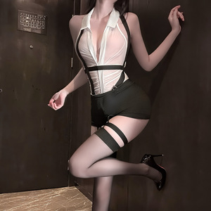 Lencería <span class=keywords><strong>Sexy</strong></span> Transparente con Cuello Camisero, Cuello Halter, Abertura en la Entrepierna con Cremallera, Tentación de <span class=keywords><strong>Azafata</strong></span> y Uniforme Sensual - Product Image 4