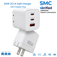 Chargeur rapide GaN 65W, 3 ports, 2C1A, adaptateur mural USB C PD, prise pliable, chargeur d'alimentation pour ordinateur portable, téléphone, tablette, vente en gros OEM