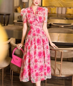 Robe d'Été à Imprimé Floral pour Femme, Élégante Robe de Soie Mi-Longue Décontractée avec Taille Naturelle pour Dames, Usine OEM ODM - Product Image 1