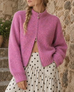 Cardigan pour femme <span class=keywords><strong>en</strong></span> mélange <span class=keywords><strong>de</strong></span> <span class=keywords><strong>laine</strong></span> texturé 7GG, avec fermeture éclair <span class=keywords><strong>à</strong></span> motif floral double, coupe ample, style col choker, personnalisable - Product Image 1