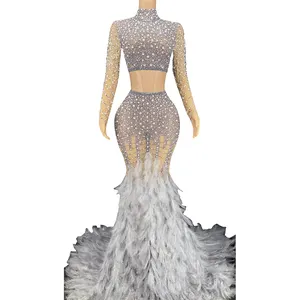 Luxury See Through Crystal Pearls Feathers Mermaid Wedding Party Dress Ladies Sexy Bodycon Prom Dresses Women Evening Gown