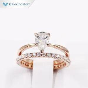 Tianyu Perhiasan Kustom 14K 18K Padat Rose Gold Cincin Pernikahan Pertunangan Set untuk Wanita dengan Pir Brilian Berlian Moissanite