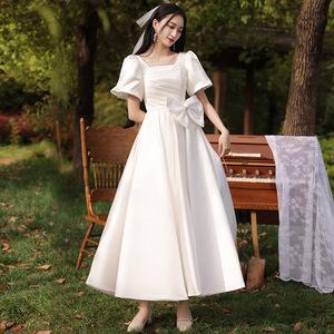 Vestido <span class=keywords><strong>de</strong></span> Noche Delgado Blanco para Mujer, Estilo Francés, Satinado, Ligero, para Otoño, Compromiso o <span class=keywords><strong>Boda</strong></span> - Product Image 1