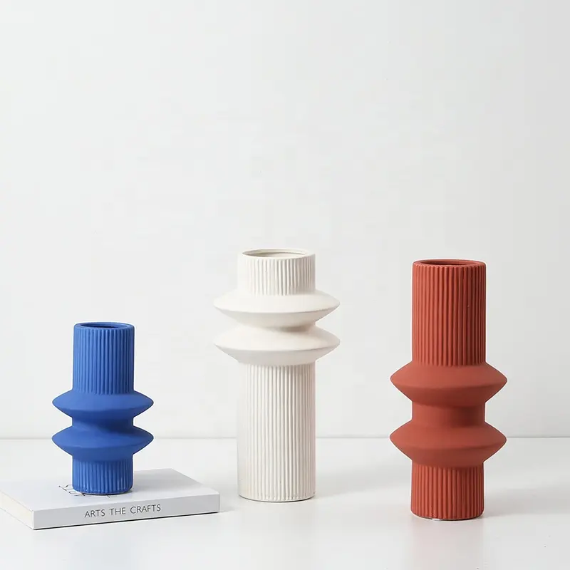 Vente en gros nordique minimaliste moderne rustique bleu blanc rouge cylindre Vases en terre cuite Vases en céramique Keramik