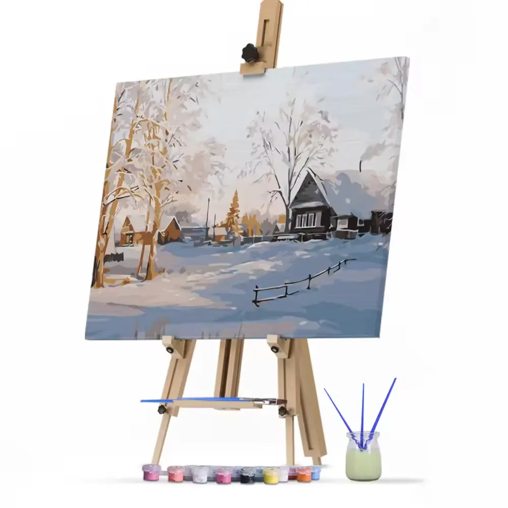 Kits de pintura al óleo personalizables de 40x50cm, lienzo de paisaje de pueblo de invierno blanco y estilo de dibujos animados creativos acrílicos por número