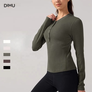 Haut de yoga DIMU à manches longues pour femme, léger, respirant, coupe-vent, séchage rapide, antibactérien, extensible dans quatre directions, coupe ajustée, col Henry - Product Image 1