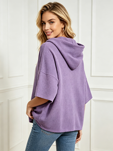 Sudadera con capucha extragrande de media cremallera y manga tres cuartos, corte holgado, informal, con servicio de personalización disponible para mujer - Product Image 2