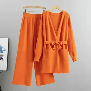 Conjunto de mujer de color sólido de alta calidad, pantalones de pierna ancha + cárdigan largo de punto, abrigo superior, conjunto de 2 piezas suelto a la moda