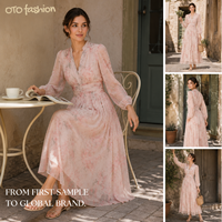 Robe longue en mousseline de soie rose à fleurs pour femme, manches longues, col en V froncé, tenue de plage romantique, fournisseur en gros OEM ODM