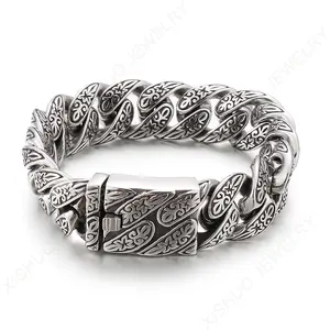 Top Quality Stainless Steel Antique Embossing Patter Flower Bracelet for Men