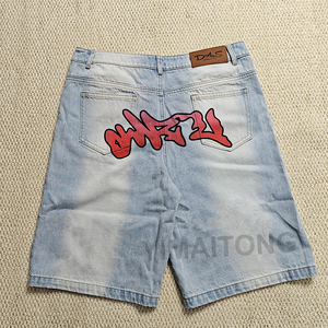 Custom Flared Rodilla Jeans Shorts Y2k Streetwear Bordado Impreso Vintage Doble Cintura Baggy Vintage Denim Jorts Hombres - Product Image 2