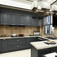 Armoires de cuisine en stratifié gris clair peint, robinet, portes de style Shaker mat, armoires de cuisine européennes modulaires personnalisées pour