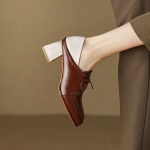 Cialisa Eleganti Scarpe con <span class=keywords><strong>Tacco</strong></span> <span class=keywords><strong>Medio</strong></span> a Blocco in Vera Pelle, Punta Quadrata, Scollatura Profonda, Design Patchwork per Signore e Donne - Product Image 2