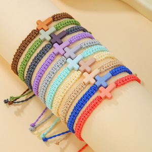Hot Sale Simple Fashion Woven Wax <b>Rope</b> Adjustable Beach Surf Acrylic Cross <b>Bracelet</b> for Women Men - Product Image 4