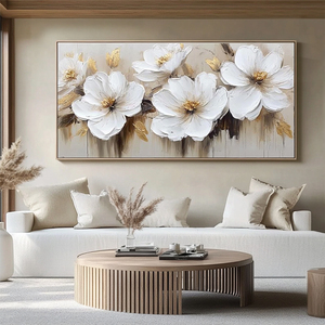 Cuadro Abstracto Moderno Grande Hecho a Mano sobre Lienzo con Hojas de Oro, Pinturas de <span class=keywords><strong>Flores</strong></span> Blancas Ecológicas para Sala de Estar - Product Image 1