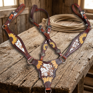 Juego de Arreos para Caballo de Cuero Genuino Sunflower, Cuero Natural Suave, Ligero, Incluye Silla de Montar Inglesa y Pechera, Personalizable - Product Image 3