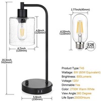 Lampe de table en verre vintage industrielle avec variateur et double ports de charge USB Lampe de bureau en métal pour la décoration de la chambre à coucher et du bureau