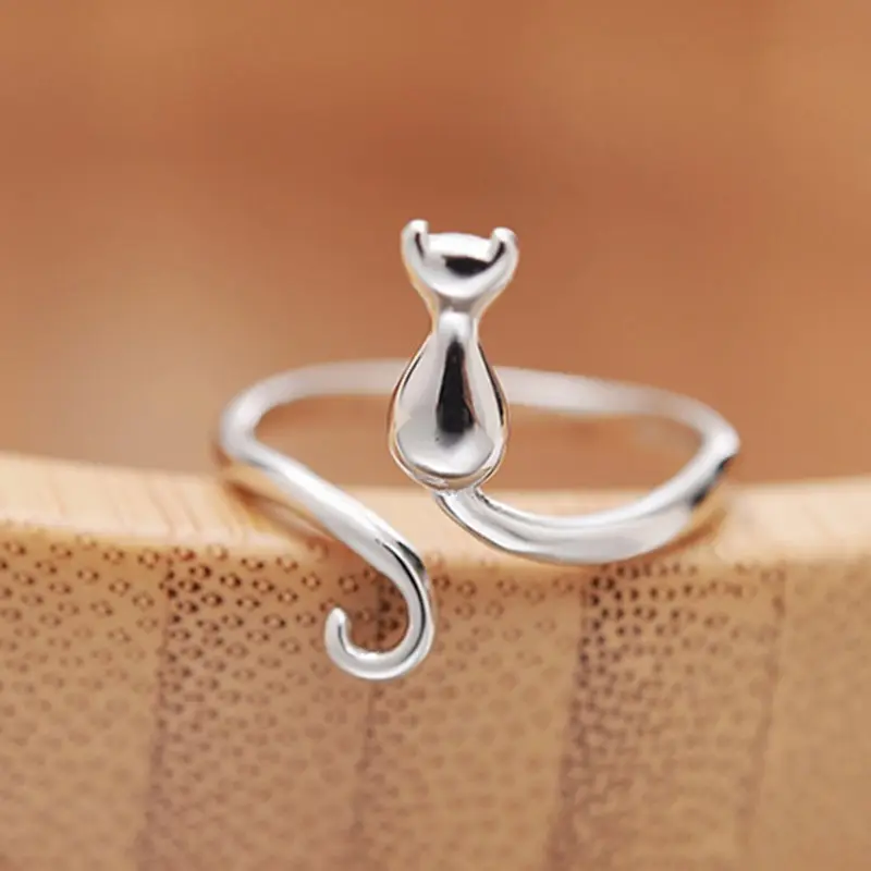 Silver Color New Trendy Cute Cat Engagement Rings for Women Couple Elegant Simple Handmade Jewelry Adjustable