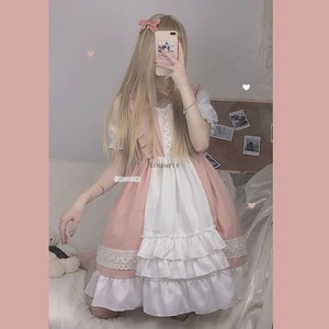 Kawaii <strong>Lolita</strong> Maid Dress Pink Goth Gothic Birthday Party Dress Puff Sleeve Japanese Harajuku Ruffle Lace-up Soft Girls - Product Image 1