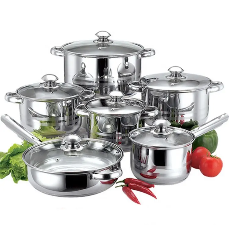 12 Cái Thép Không Gỉ Nấu Ăn Đồ Nấu Nướng Nồi Và Chảo Bộ Wok Saucepan Kim Loại Logo Tùy Chỉnh Oem Nồi An Toàn