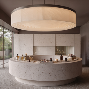 Aménagement intérieur de boutique de parfums et cosmétiques sur mesure Wabi Sabi en travertin, mobilier complet pour magasin, présentoir de beauté pour la vente au détail - Product Image 1